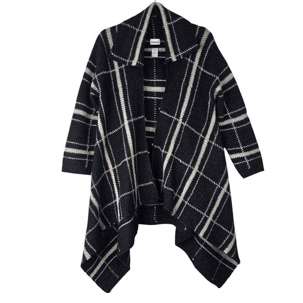 Chicos Cardigan Sweater Womens Large Black Plaid Open Front Collared Knit Cozy